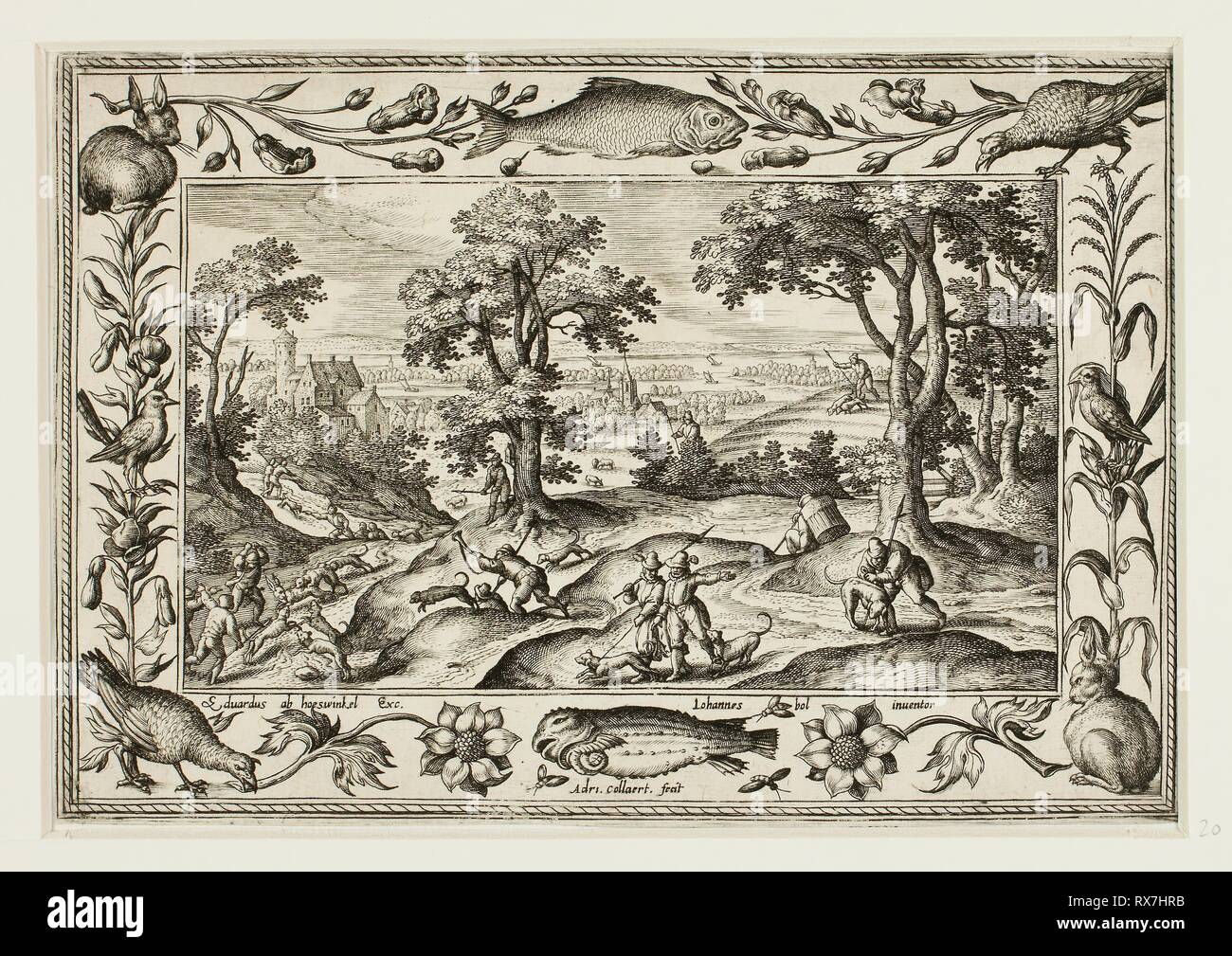 Lepre Hunt, dai paesaggi con il vecchio e il Nuovo Testamento scene e scene di caccia. Adriaen Collaert (fiammingo, c. 1560-1618); dopo Hans Bol (fiammingo, 1535-1593); pubblicato da Anna van Hoeswinckel (fiammingo). Data: 1584. Dimensioni: 143 × 200 mm (immagine/supporto primario, rifilato entro la piastra mark); 176 × 238 mm (supporto secondario). Incisione in bianco e nero in crema di latte di cui carta, fissate sulla crema di latte di cui la carta. Origine: Fiandre. Museo: Chicago Art Institute. Autore: II Adriaen Collaert. Foto Stock