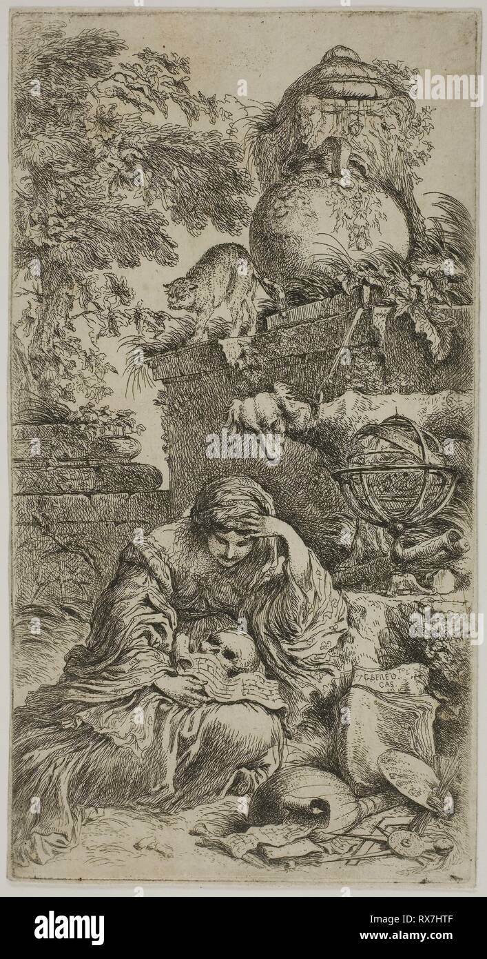 Melanconia. Giovanni Benedetto Castiglione; Italiano, 1609-1664. Data: 1629-1647. Dimensioni: 217 x 117 mm (l'immagine/foglio; tagliato dentro la piastra). Incisione su avorio di cui la carta. Origine: Italia. Museo: Chicago Art Institute. Foto Stock