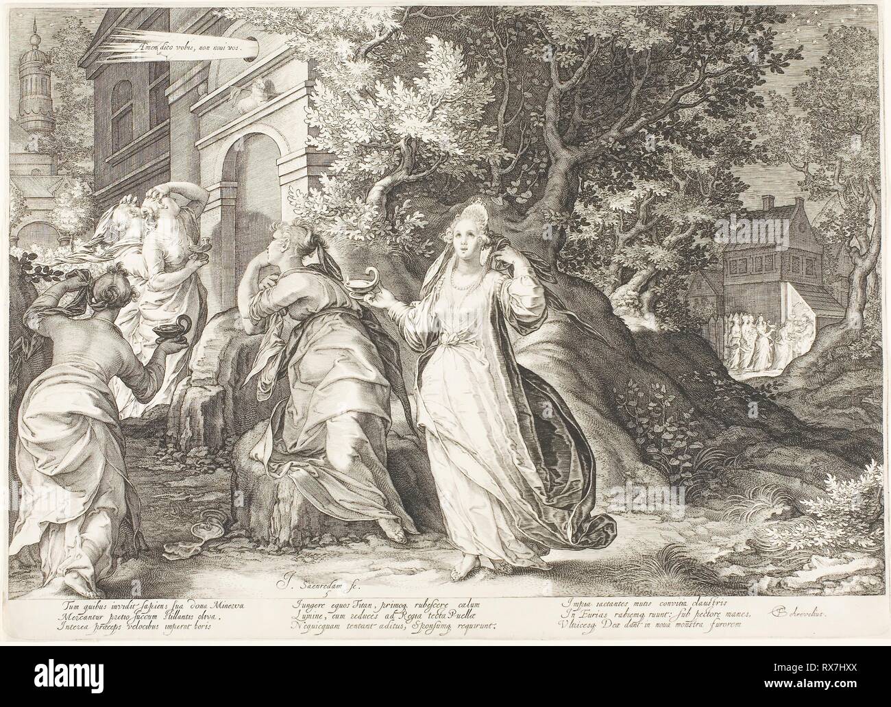 La piastra 5, da cinque sagge e cinque vergini stolte. Jan Saenredam; Netherlandish, 1565-1607. Data: 1606. Dimensioni: 265 x 368 mm (foglio, tagliato a platemark). Incisione su carta. Origine: Paesi Bassi. Museo: Chicago Art Institute. Foto Stock
