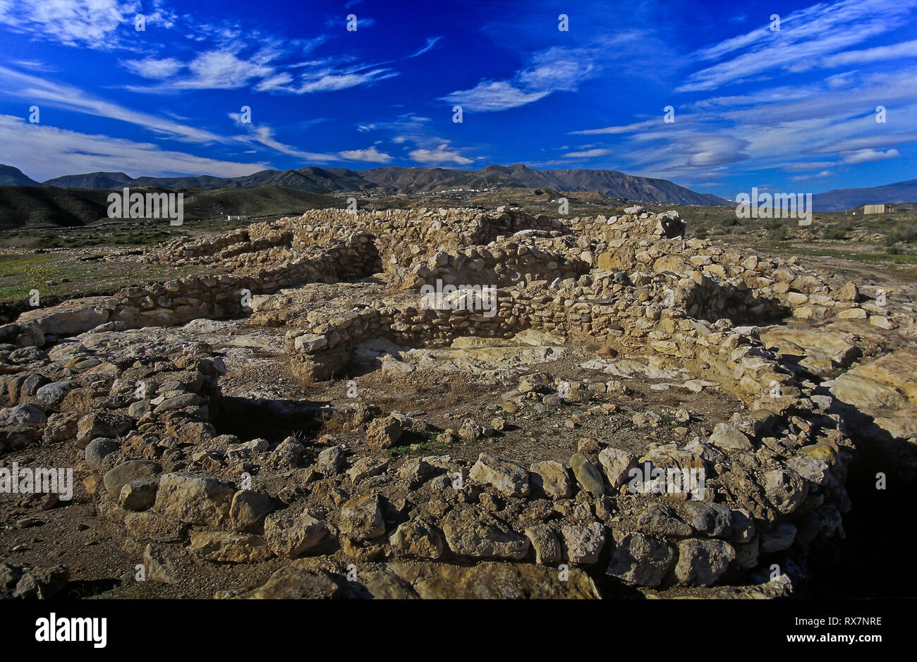 Sito archeologico di Los Millares - insediamento preistorico dell'età del rame (3200-2200 a.C.). Santa Fe de Mondujar. Provincia di Almeria. Regione di Andal Foto Stock