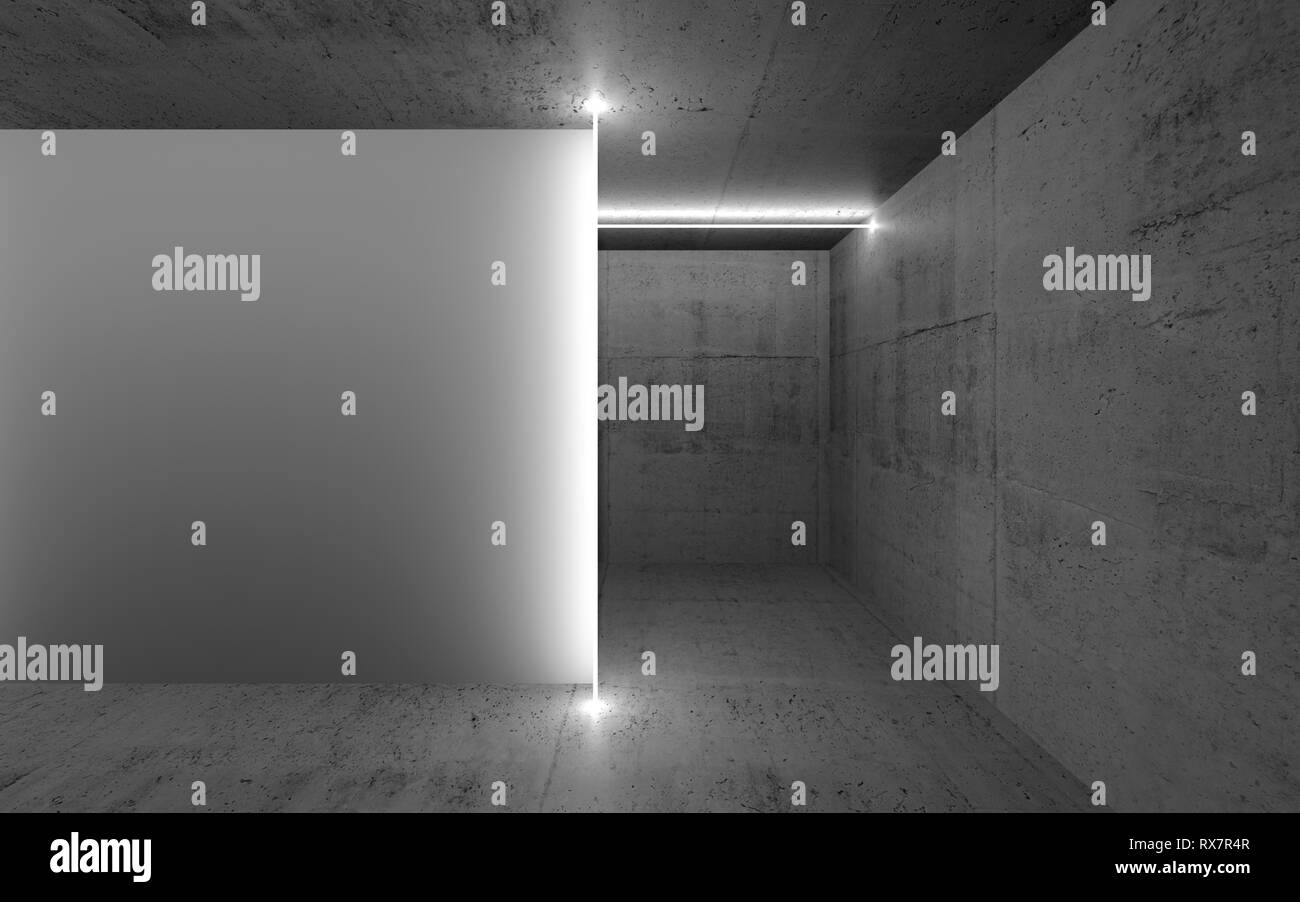 Abstract scuri interni in calcestruzzo, vuoto muro bianco illuminato con una luce al neon linee, 3D render illustrazione Foto Stock