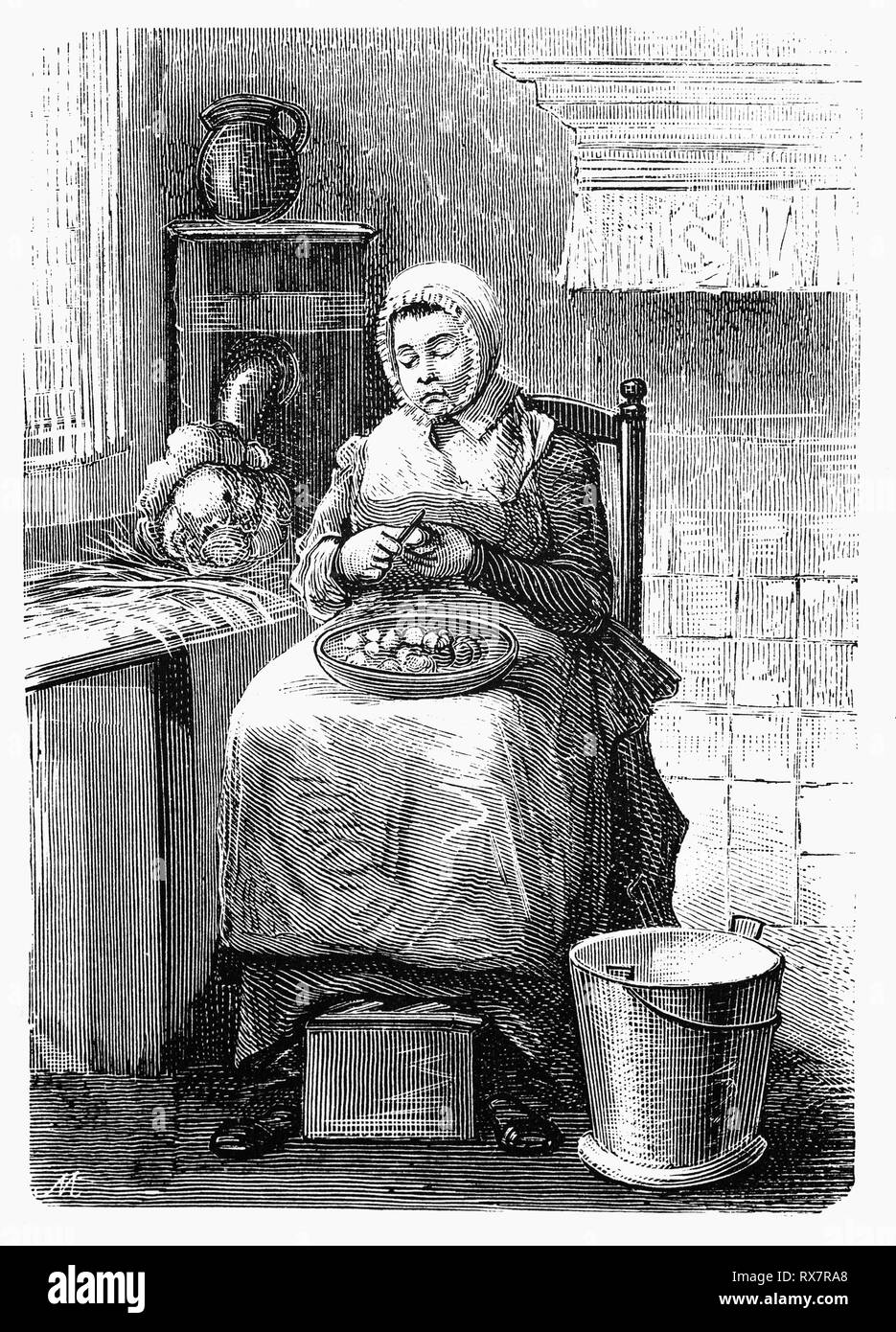 La cameriera la pelatura di patate nella casa dello zio e zia Stastok nei Paesi Bassi. In Hildebrand di breve tempo come un ospite della famiglia, Ildebrando di opinioni e di esperienze della loro vita quotidiana nei Paesi Bassi. A partire dal xix secolo Camera Obscura, una collezione di olandesi ironico-realistico saggi, storie e bozzetti in cui Hildebrand, l'autore tiene un ironico guardare il comportamento del 'ben-to-do', trovando in essi borghesi e senza una buona parola per loro. Foto Stock