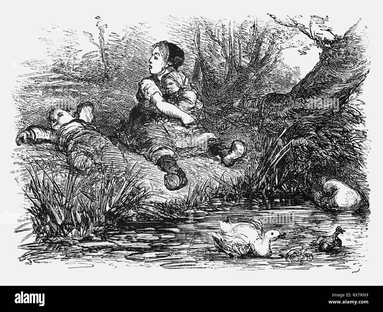 Tre bambini, una ragazza di circa sei con un bambino in grembo e un ragazzo di circa cinque anni , giacente a terra sul bordo di un Duck Pond guardando le anatre. Dalla Camera Obscura, un XIX secolo collezione di Dutch ironico-realistico saggi, storie e bozzetti in cui Hildebrand, l'autore tiene un ironico guardare il comportamento del 'ben-to-do', trovando in essi borghesi e senza una buona parola per loro. Foto Stock