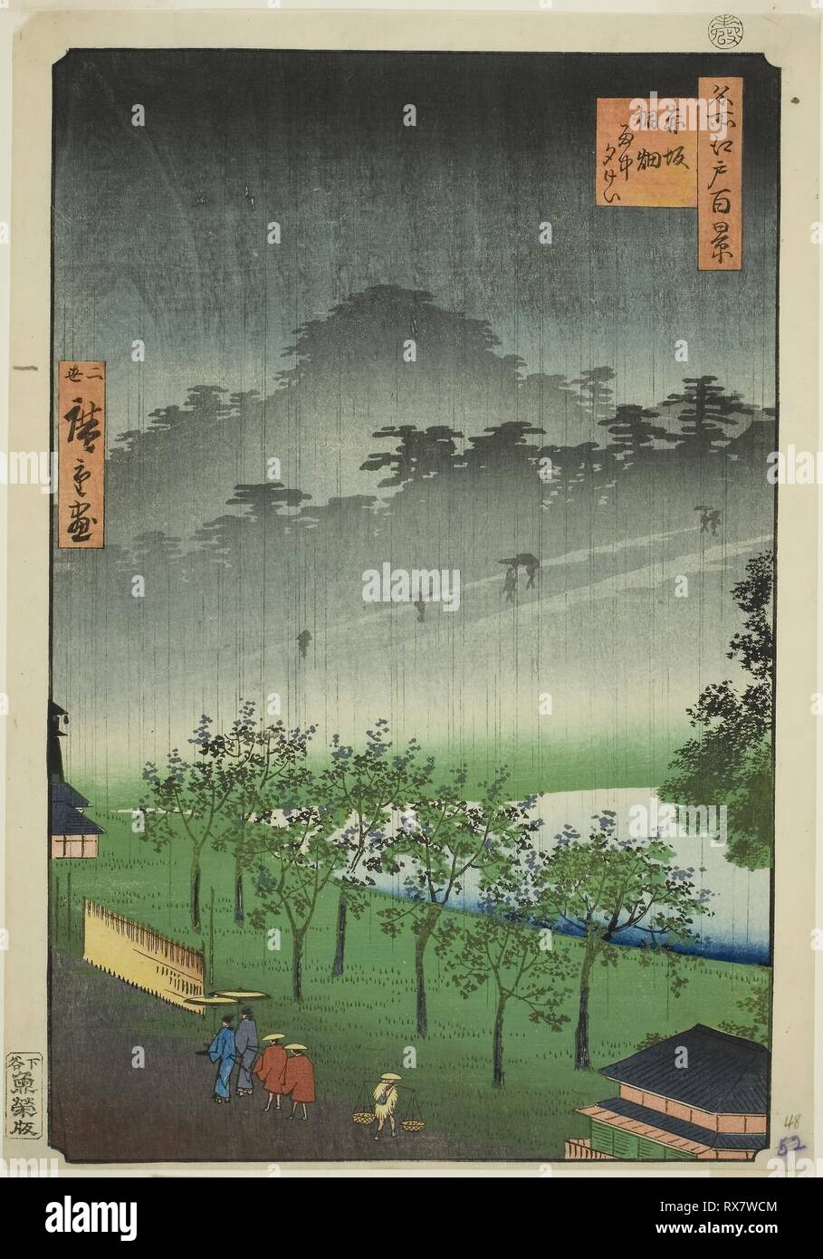 Notte pioggia a Paulownia Grove at Akasaka (l'Akasaka Kiribatake uchu yukei), dalla serie "Cento famose vedute di Edo (Meisho Edo hyakkei)'. Utagawa Hiroshige II (Shigenobu); Giapponese, 1826-1869. Data: 1859. Dimensioni: 35,1 x 24,5 cm (13 13/16 x 9 5/8 in.). Colore stampa woodblock; oban. Provenienza: Giappone. Museo: Chicago Art Institute. Foto Stock