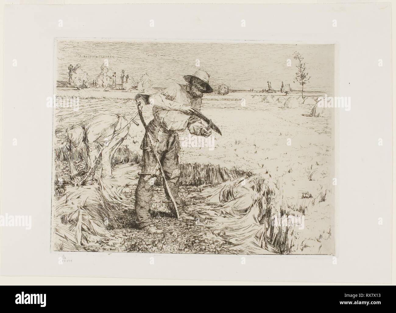 Levigatura del tosaerba una falce. Jules Bastien-Lepage; francese, 1848-1884. Data: 1878. Dimensioni: 197 x 258 mm (piastra); 256 x 354 mm (foglio). Incisione su avorio Cina carta fissate sulla carta velina bianca carta (Cina collé carta). Provenienza: Francia. Museo: Chicago Art Institute. Foto Stock