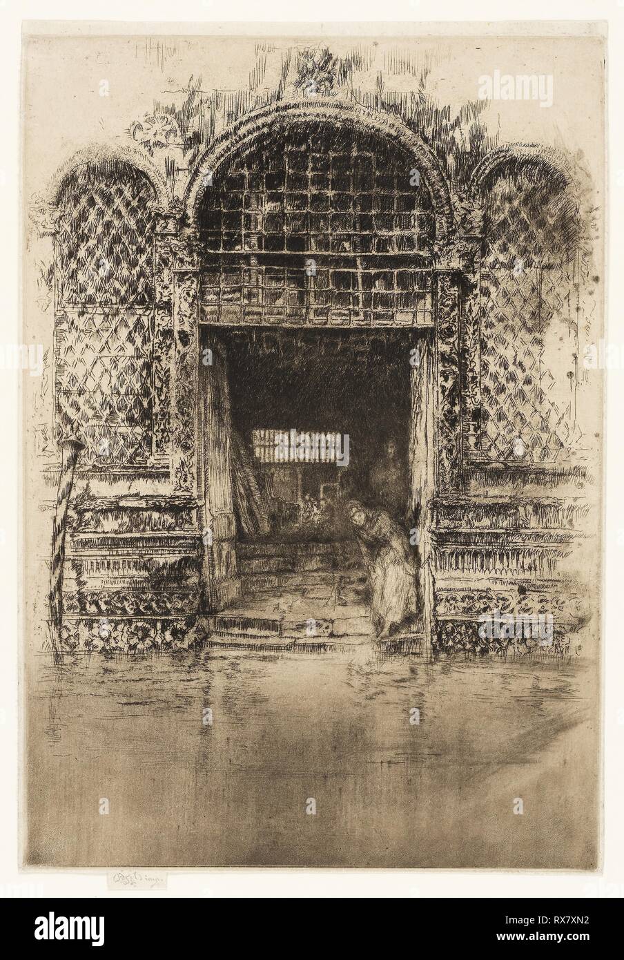 La porta. James McNeill Whistler; American, 1834-1903. Data: 1879-1880. Dimensioni: 290 x 202 mm (l'immagine/piastra); 302 x 205 mm (foglio, con scheda firma). Attacco, puntasecca e roulette con fallo di mordere in caldo nero, con tergivetri selettivo della piastra tono, la crema di cui la carta. Origine: Stati Uniti. Museo: Chicago Art Institute. Foto Stock La porta. James McNeill Whistler; American, 1834-1903. Data: 1879-1880. Dimensioni: 290 x 202 mm (l'immagine/piastra); 302 x 205 mm (foglio, con scheda firma). Attacco, puntasecca e roulette con fallo di mordere in caldo nero, con tergivetri selettivo della piastra tono, la crema di cui la carta. Origine: Stati Uniti. Museo: Chicago Art Institute. Foto Stock