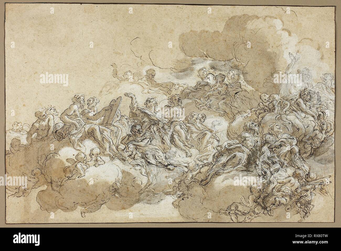 Dettaglio Studio per l'assunzione di sant'Agnese. Giovanni Battista Gaulli; Italiano, 1639-1709. Data: 1670-1690. Dimensioni: 260 x 391 mm. Penna e inchiostro bruno, con spazzola e lavaggio marrone, rafforzata con gouache bianco, oltre gesso nero, su tan prevista carta. Origine: Italia. Museo: Chicago Art Institute. Foto Stock