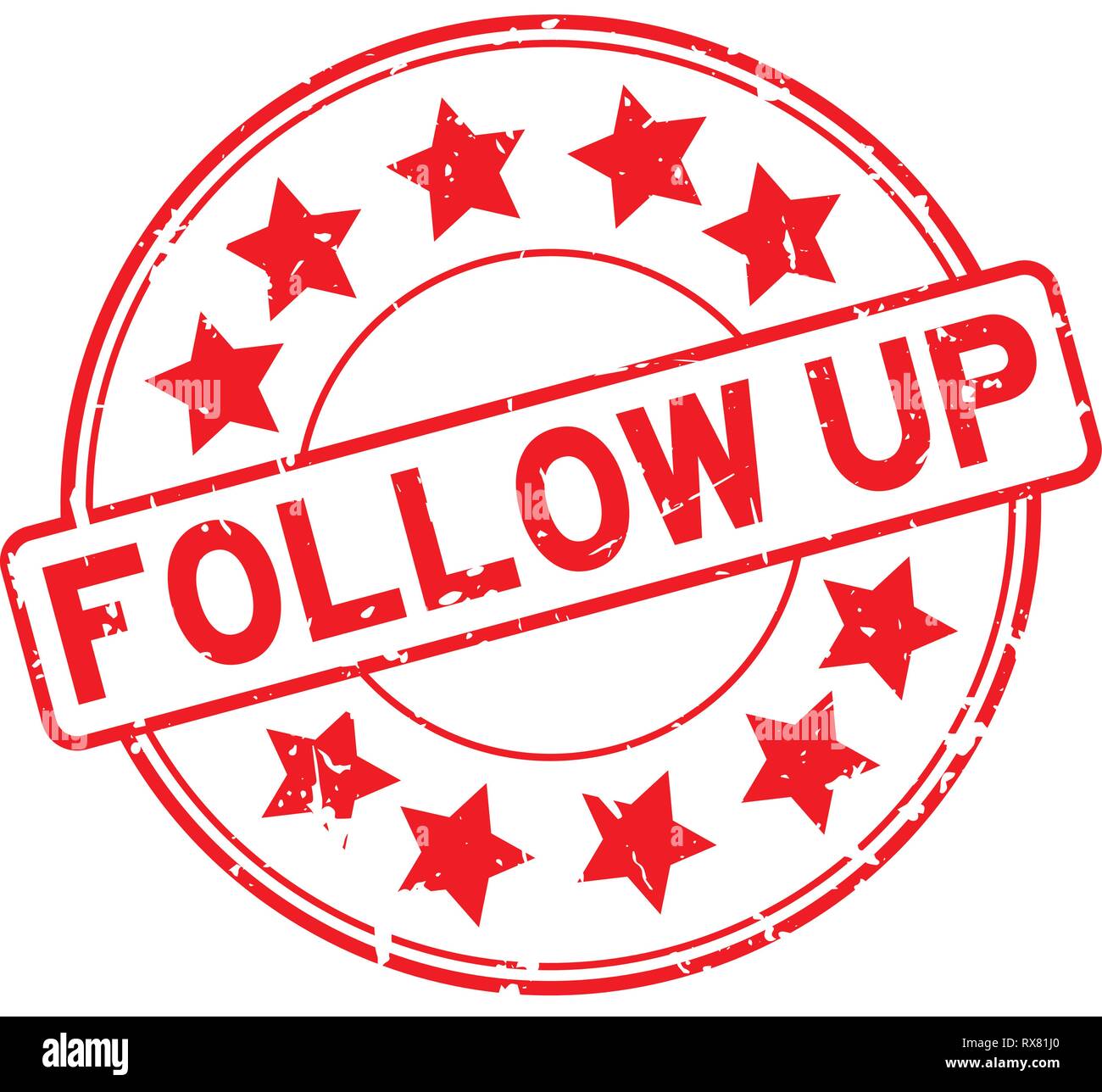 Grunge red follow up con icona a forma di stella intorno la guarnizione in gomma timbro su sfondo bianco Illustrazione Vettoriale
