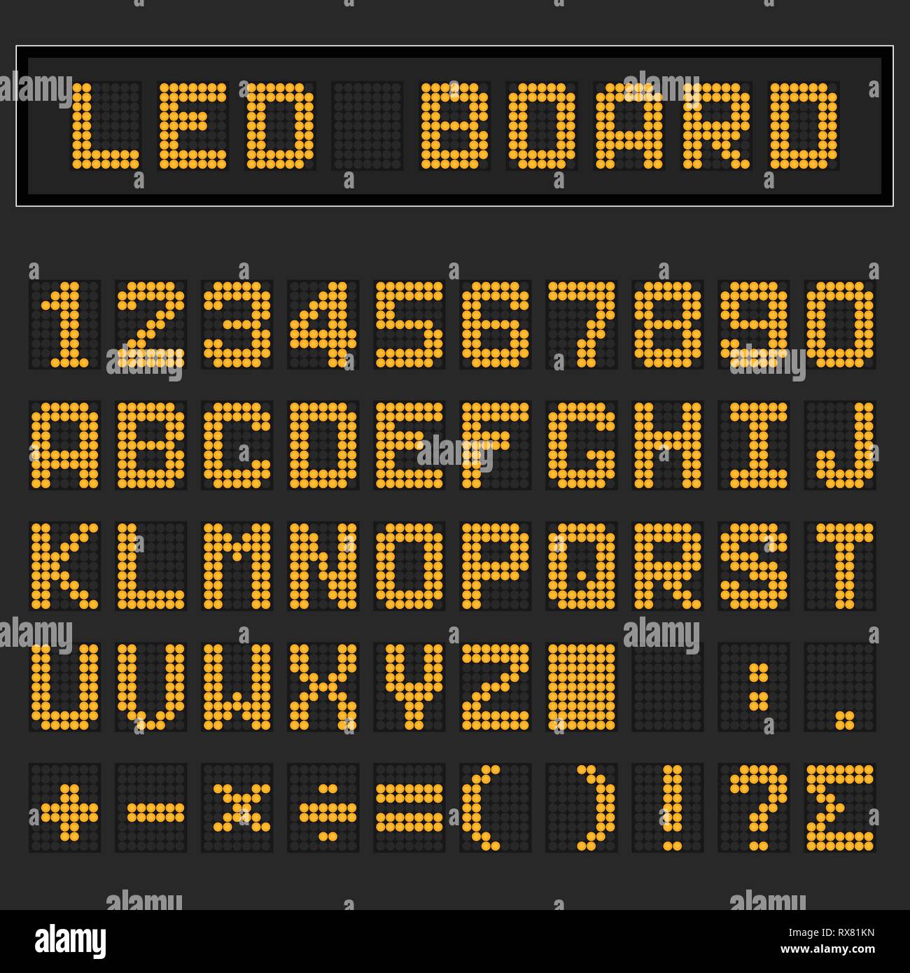 Il LED arancione digital inglese font di caratteri maiuscoli, il numero e la matematica visualizzazione del simbolo su sfondo nero Illustrazione Vettoriale