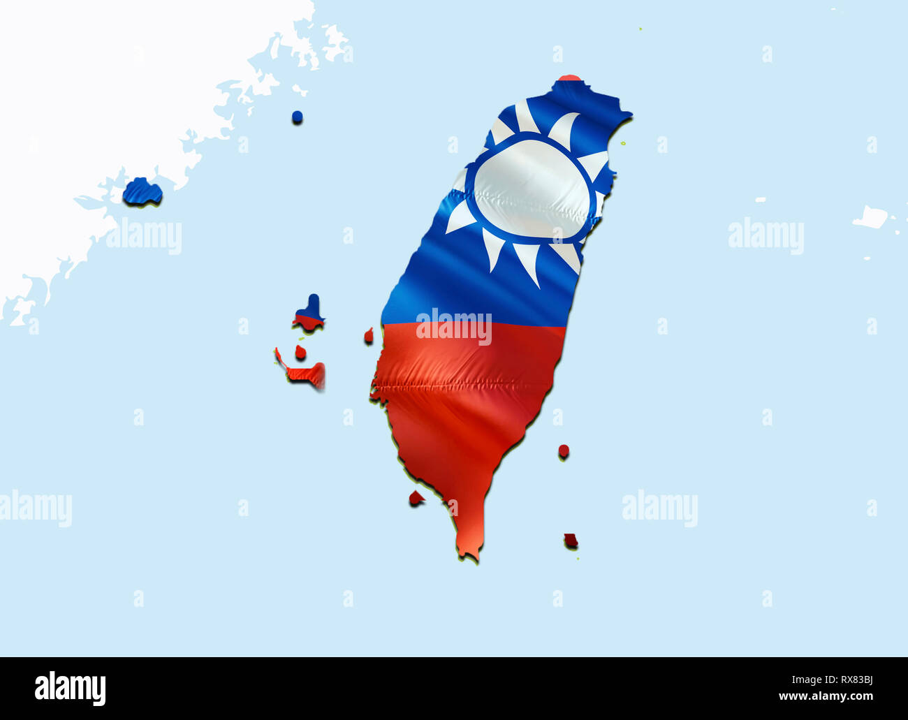 Mappa di bandiera di Taiwan. 3D rendering Taiwan mappa e bandiera su Asia mappa. Il simbolo nazionale di Taiwan. Bandiera di Taipei su Asia sfondo. La National Taiwan bandiera Foto Stock