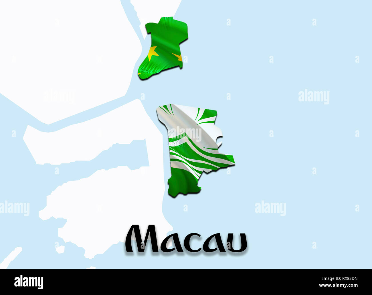 Mappa di Bandiera di Macao. 3D rendering Macau mappa e bandiera su Asia mappa. Il simbolo nazionale di Macao. Bandiera della Cina mappa immagine di sfondo scaricare HD.Nazione di Macau Foto Stock