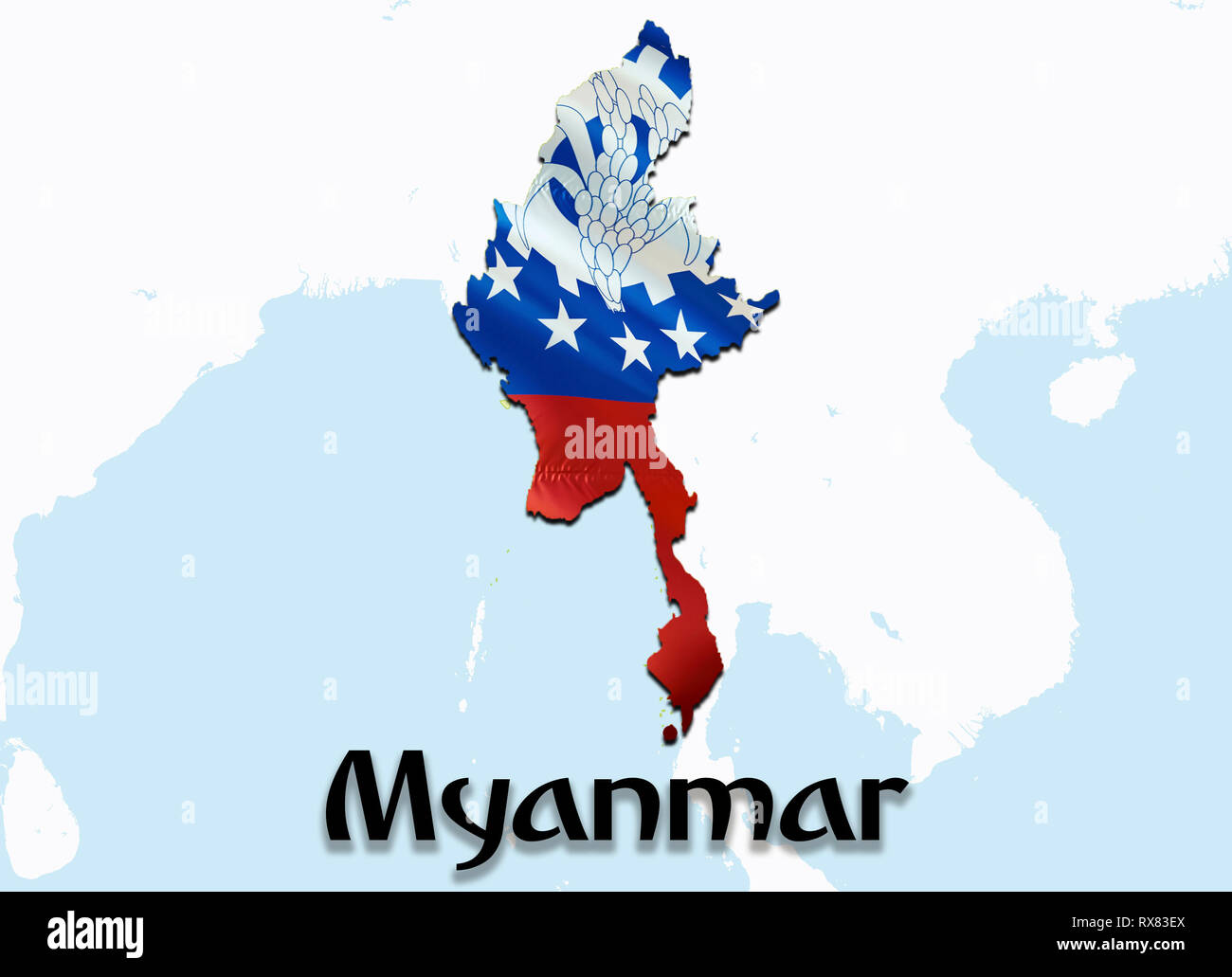 Mappa di bandiera del Myanmar. 3D rendering Myanmar mappa e bandiera su Asia mappa. Il simbolo nazionale di Myanmar. La Birmania bandiera mappa immagine di sfondo scaricare HD.Myanma Foto Stock