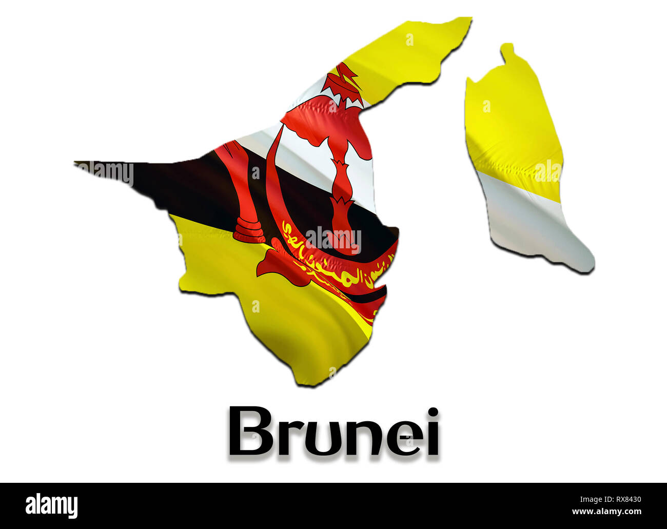 Mappa di Brunei bandiera. 3D rendering Mappa di Brunei e bandiera su Asia mappa. Il simbolo nazionale del Brunei. Bandar Seri Begawan bandiera su Asia sfondo. National Br Foto Stock