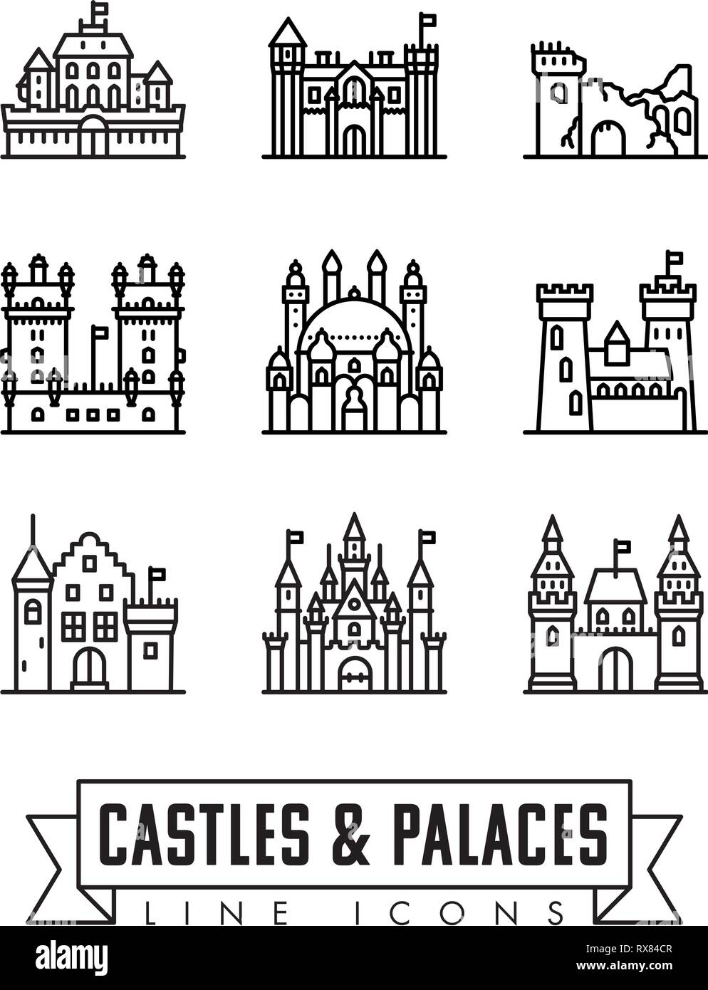 Set di 9 palazzi, castelli e fortezze linea del vettore delle icone Illustrazione Vettoriale