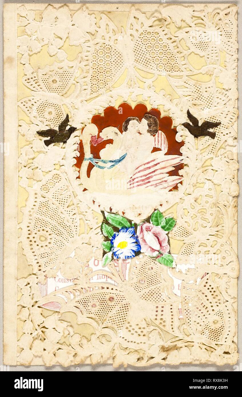 Untitled Valentine (bambini, cigni, e farfalle). John Windsor; Inglese del XIX secolo. Data: 1860-1869. Dimensioni: 125 × 81 mm (foglio piegato). Elementi Collaged e acquerello su taglio e goffrato (progettato) Ivory carta intessuta. Origine: Inghilterra. Museo: Chicago Art Institute. Foto Stock