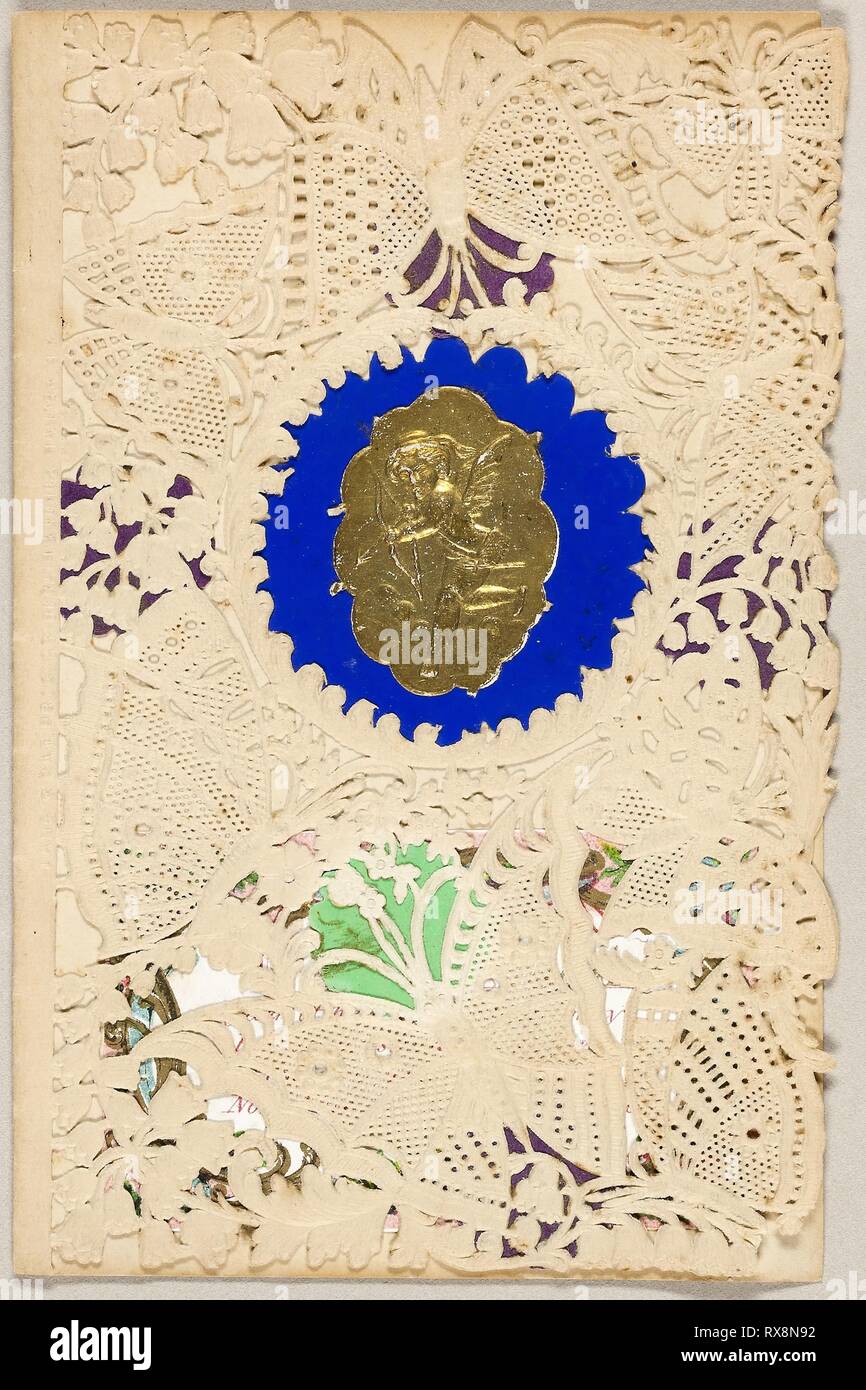 Untitled Valentine (Cupido e farfalle). Berlino e Jones; American, xix secolo. Data: 1860-1869. Dimensioni: 123 x 80 mm (foglio piegato). Elementi Collaged sul taglio e goffrata (progettato) Ivory carta intessuta. Origine: Stati Uniti. Museo: Chicago Art Institute. Foto Stock