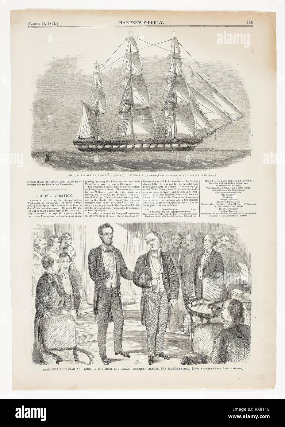 Presidenti Buchanan e Lincoln entrando in aula al Senato prima della inaugurazione. Winslow Homer (American, 1836-1910); pubblicato da Harper's settimanale (American, 1857-1916). Data: 1861. Dimensioni: 150 x 232 mm (nell'immagine); 393 x 277 mm (foglio). Incisione su legno su carta. Origine: Stati Uniti. Museo: Chicago Art Institute. Foto Stock