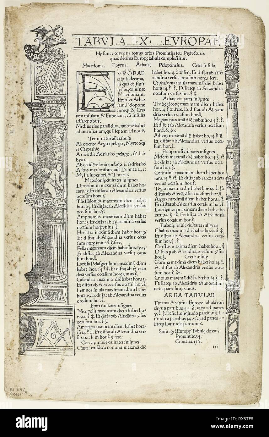 Illustrazione da "Geographia', la piastra 36 da xilografie da libri del XVI secolo. Artista sconosciuto (tedesco, XVI secolo); assemblate da Max Geisberg (Swiss, 1875-1943). Data: 1525. Dimensioni: 327 × 218 mm (immagine/te×t); 394 × 257 mm (foglio). Silografia su carta. Origine: Germania. Museo: Chicago Art Institute. Foto Stock