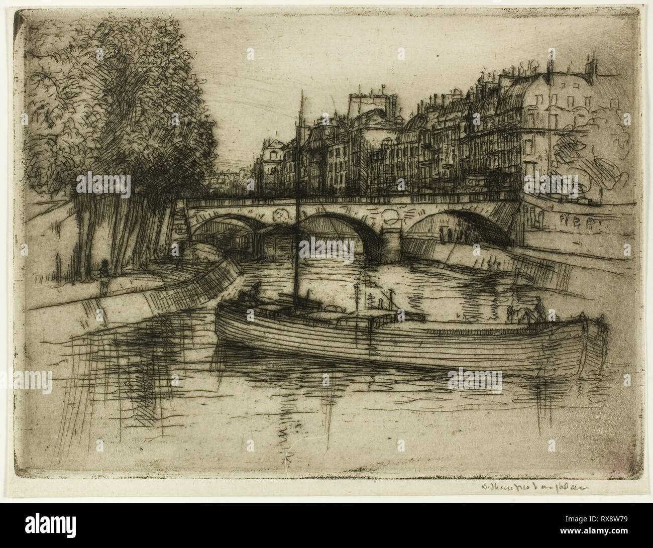 Le Pont Saint Michel, Paris. Donald Shaw MacLaughlan; American, nato in Canada, 1876-1938. Data: 1900. Dimensioni: 114 x 155 mm (nell'immagine); 119 x 159 mm (piastra); 125 x 161 mm (foglio). Attacco in nero su crema di latte di cui la carta. Origine: Stati Uniti. Museo: Chicago Art Institute. Foto Stock