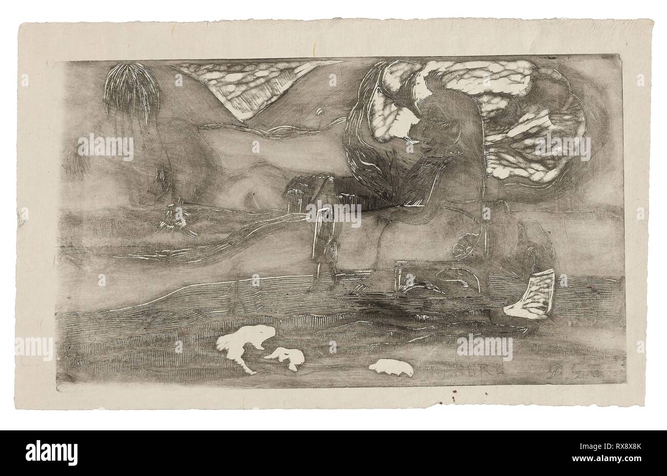 Maruru (offerte di ringraziamento), da Noa Noa. Paul Gauguin (Francese, 1848-1903); stampato da Max Kahn (American, nato in Russia, 1902-2005). Data: 1893-1894. Dimensioni: 203 × 349 mm (nell'immagine); 240 × 395 mm (foglio). Xilografia a partire da un blocco di legno di bosso, in grigio sul grigio avorio Cina carta. Provenienza: Francia. Museo: Chicago Art Institute. Foto Stock