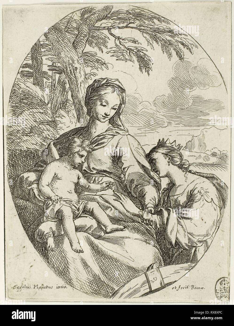 Il Matrimonio mistico di Santa Caterina. Carlo Maratti; Italiano, 1625-1713. Data: 1620-1630. Dimensioni: 174 x 130 mm. Acquaforte su carta. Origine: Italia. Museo: Chicago Art Institute. Foto Stock