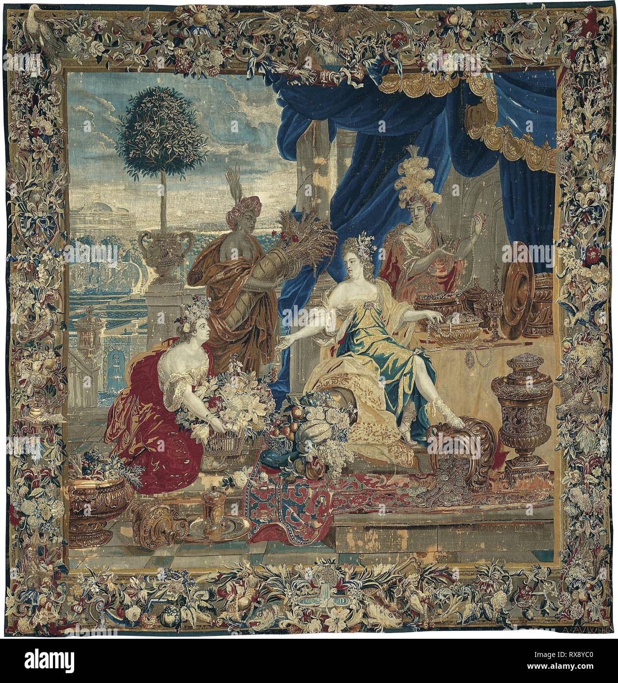 Abundantia, provenienti da quattro continenti e le relative allegorie. Dopo un cartoon di Lodewijk van Schoor (morto nel 1702) e Pieter Spierinckx (1635-1711); Tessuto al workshop di Albert Auwercx (1629-1709); Fiandre, Bruxelles. Data: 1670-1710. Dimensioni: 371.2 x 382.5 cm (146 1/8 × 150 1/2 in.). La lana e la seta, fessura e doppia arazzo di incastro di tessitura. Origine: Bruxelles. Museo: Chicago Art Institute. Foto Stock