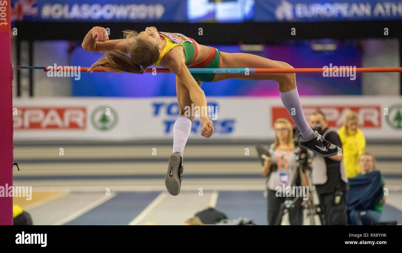 Glasgow, Scotland, Regno Unito. 3 Marzo, 2019. La Lituania Airine Palšyte compete in donne salto in alto finale, durante il giorno 3 del Glasgow 2019 Unione Foto Stock