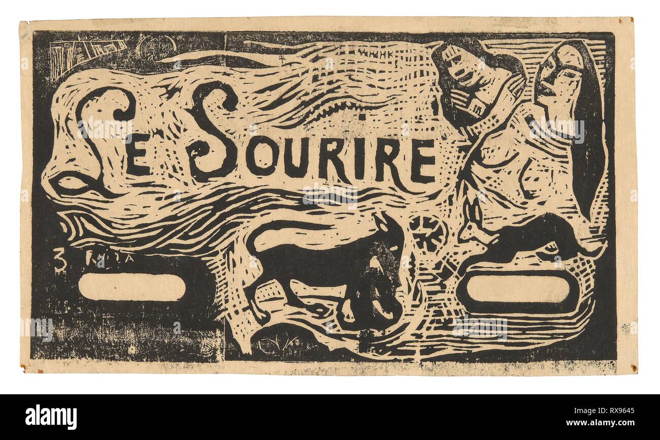 Fox, busti di due donne e un coniglio, testata per Le Sourire. Paul Gauguin; francese, 1848-1903. Data: 1899-1900. Dimensioni: 105 × 185 mm (immagine, recto); 110 ×185 mm (immagine, il retro); 115 × 196 mm (foglio). Legno-blocco di stampa a inchiostro nero sulla crema di carta giapponese (recto); legno-blocco di stampa con inchiostro nero su blu e matita verde sulla crema di carta giapponese (tergo)ck sulla crema carta intessuta. Provenienza: Francia. Museo: Chicago Art Institute. Foto Stock