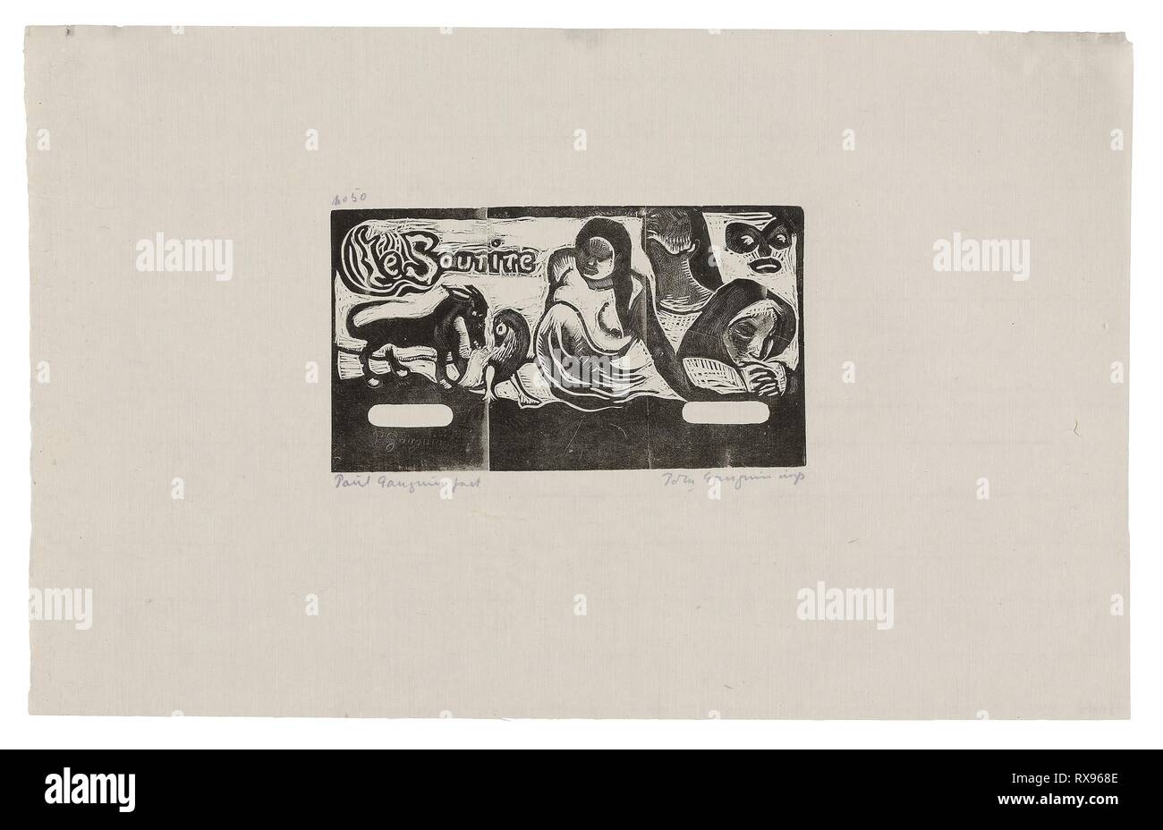 Tre persone, una maschera, una volpe e un uccello, testiera forLe sourire. Paul Gauguin (Francese, 1848-1903); stampato da Pola Gauguin (danese, nato in Francia, 1883-1961), pubblicata da Christian Cato, Copenaghen. Data: 1899. Dimensioni: 103 × 184 mm (nell'immagine); 268 × 425 mm (foglio). Legno-blocco di stampa con inchiostro nero su avorio Cina carta. Provenienza: Francia. Museo: Chicago Art Institute. Foto Stock