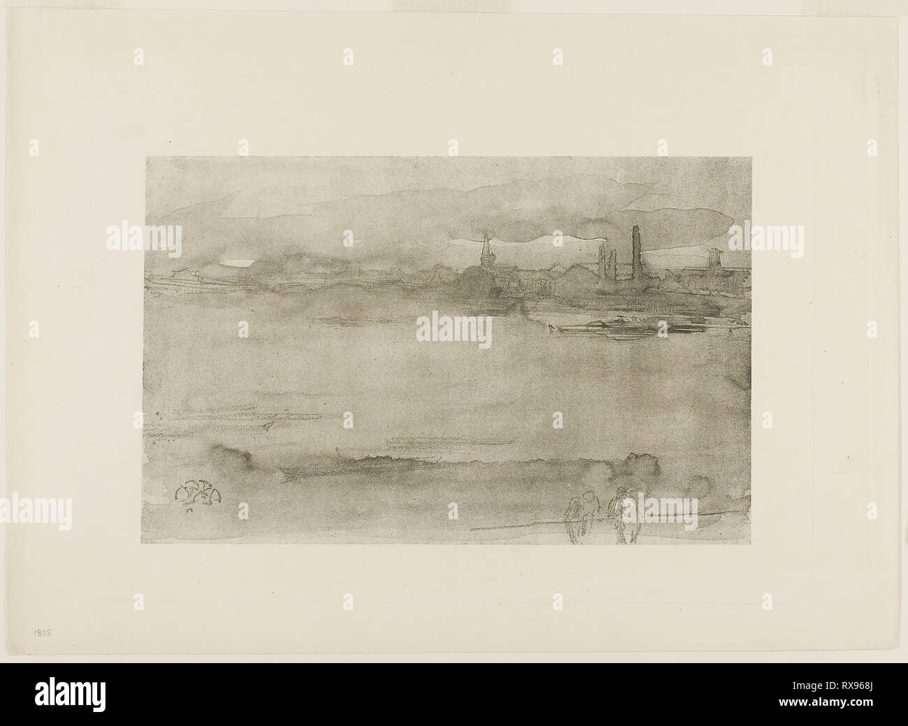 La mattina presto. James McNeill Whistler; American, 1834-1903. Data: 1878. Dimensioni: 165 x 259 mm (nell'immagine); 276 x 379 mm (foglio). Lithotint in inchiostro nero, con raschiatura, su un preparato a mezza tinta, massa sulla carta velina crema proofing paper. Origine: Stati Uniti. Museo: Chicago Art Institute. Foto Stock