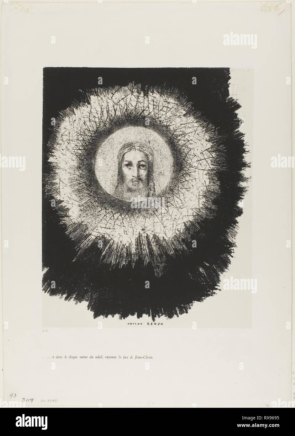 E in molto del disco del sole illumina il volto di Gesù Cristo, la piastra 10 dalla Tentazione di Sant Antonio (prima serie). Odilon Redon; francese, 1840-1916. Data: 1888. Dimensioni: 285 × 230 mm (lombata); 443 × 316 mm (foglio). Litografia in bianco e nero in avorio Cina carta, stabilite su avorio carta intessuta (chine collé). Provenienza: Francia. Museo: Chicago Art Institute. Foto Stock