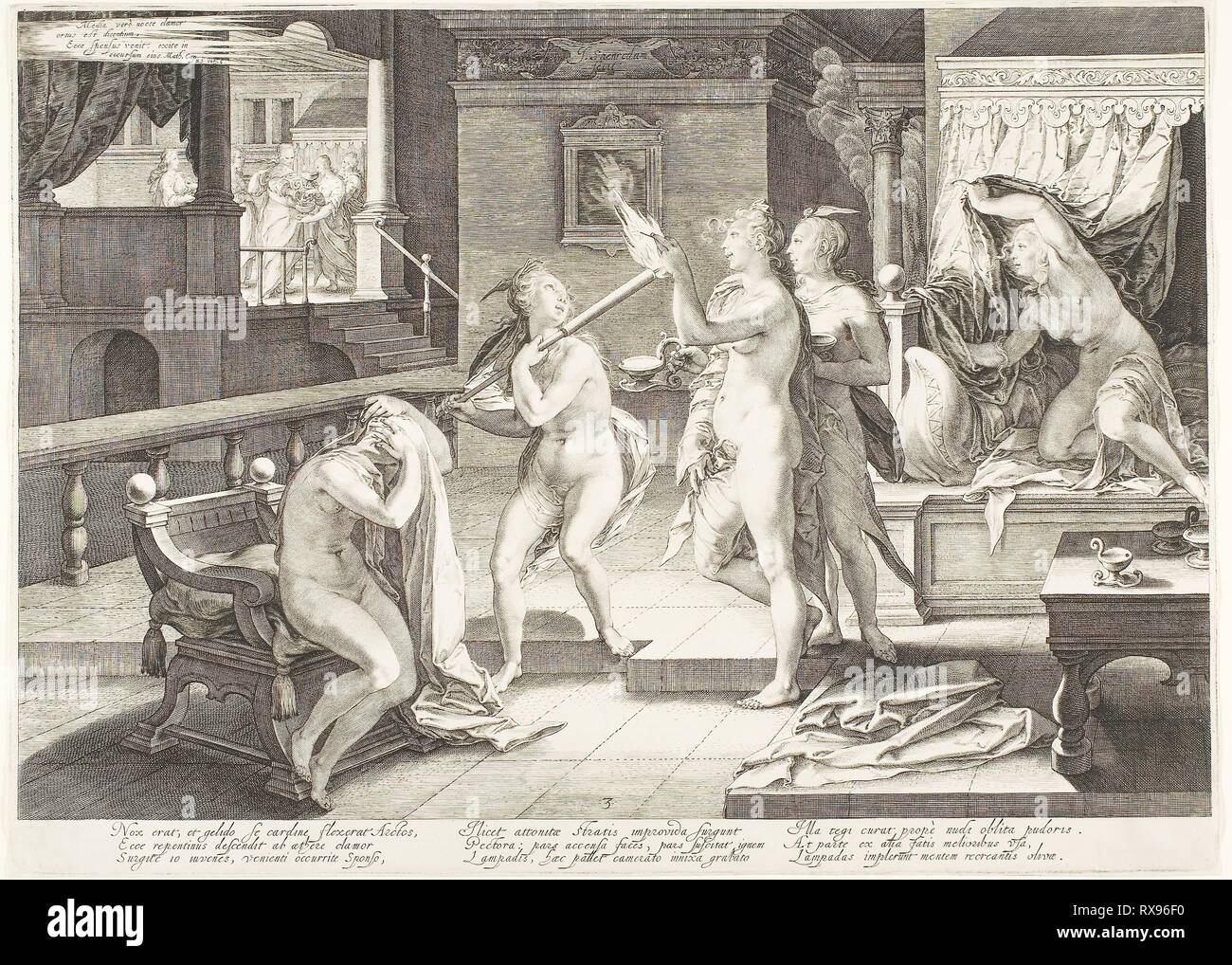 Lastra 3, da cinque sagge e cinque vergini stolte. Jan Saenredam; Netherlandish, 1565-1607. Data: 1606. Dimensioni: 268 x 371 mm (foglio, tagliato a platemark). Incisione su carta. Origine: Paesi Bassi. Museo: Chicago Art Institute. Foto Stock