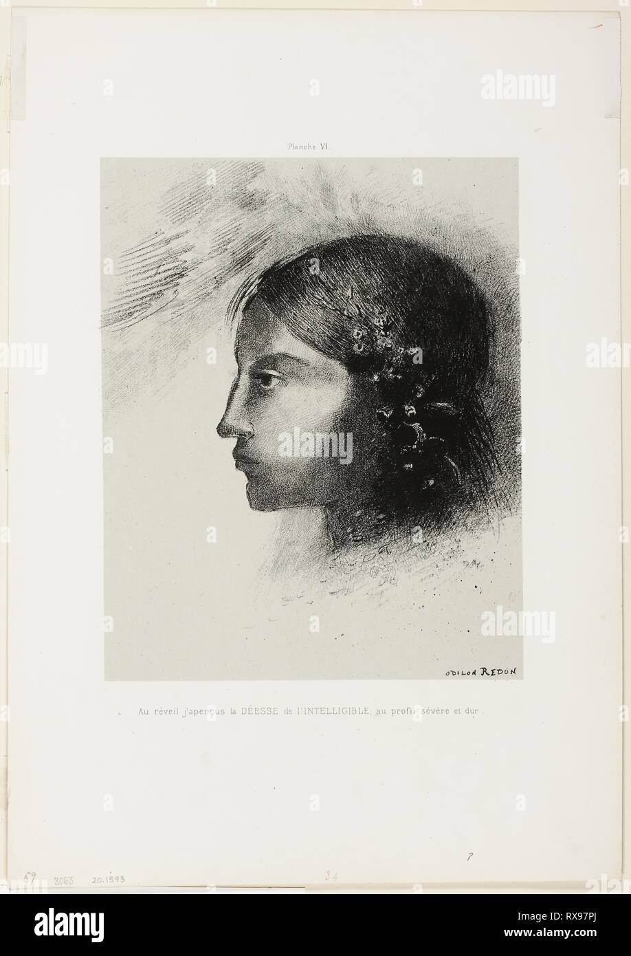 Al risveglio ho visto la dea della comprensibile con la sua severa e profilo hard, la piastra 6 di 6. Odilon Redon; francese, 1840-1916. Data: 1885. Dimensioni: 270 × 215 mm (lombata); 455 × 315 mm (foglio). Litografia in nero su grigio chiaro carta Cina stabilite su avorio carta intessuta. Provenienza: Francia. Museo: Chicago Art Institute. Foto Stock