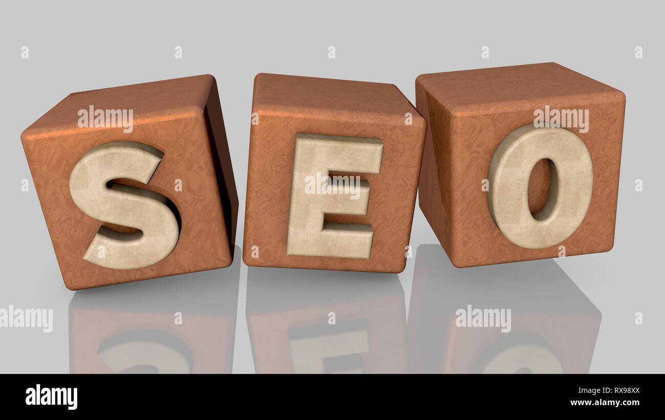 Cubi di seo il testo su una superficie di legno 3D Rendering Foto Stock