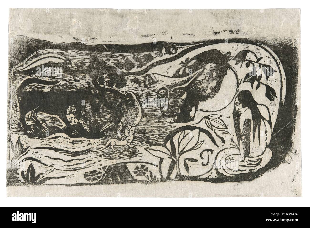 Piastra con la testa di un diavolo cornuto, dalla Suite del tardo Wood-Block stampe. Paul Gauguin; francese, 1848-1903. Data: 1898-1899. Dimensioni: 154 × 295 mm (nell'immagine); 192 × 299 mm (foglio/supporto secondario). Legno-blocco di stampa, stampato due volte in nero su giallo pallido inchiostro ocra, su sottili avorio carta giapponese, parzialmente fissate su bianco a due veli scheda Mat. Provenienza: Francia. Museo: Chicago Art Institute. Foto Stock