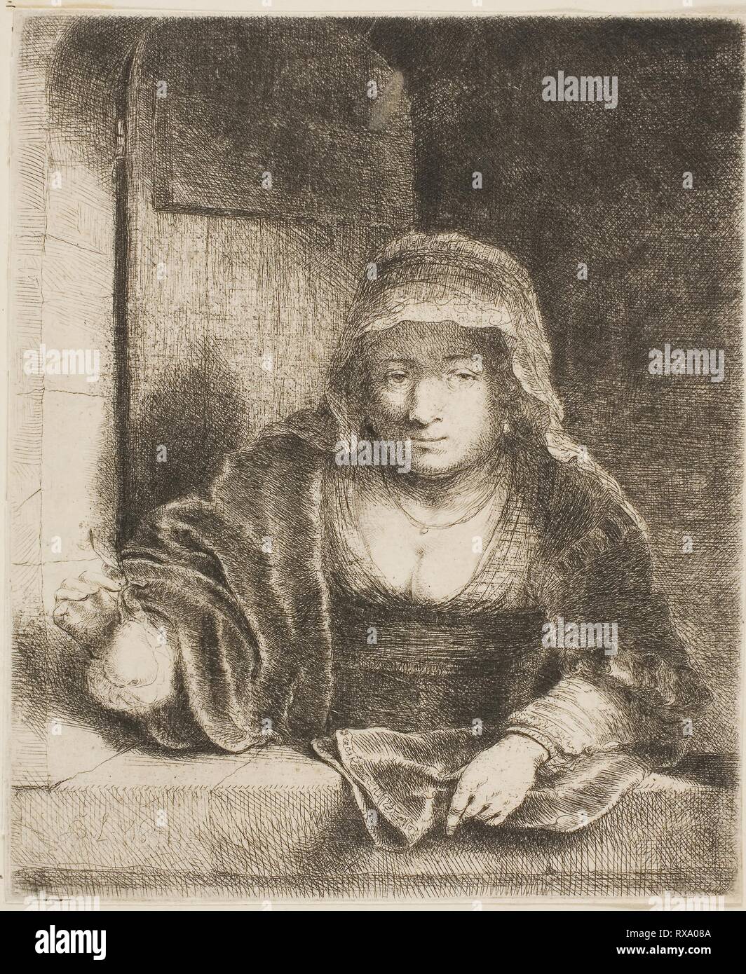 Donna con la pera. Ferdinand Bol; Olandese, 1616-1680. Data: 1651. Dimensioni: 143 x 118 mm. Acquaforte su carta avorio. Origine: Holland. Museo: Chicago Art Institute. Foto Stock
