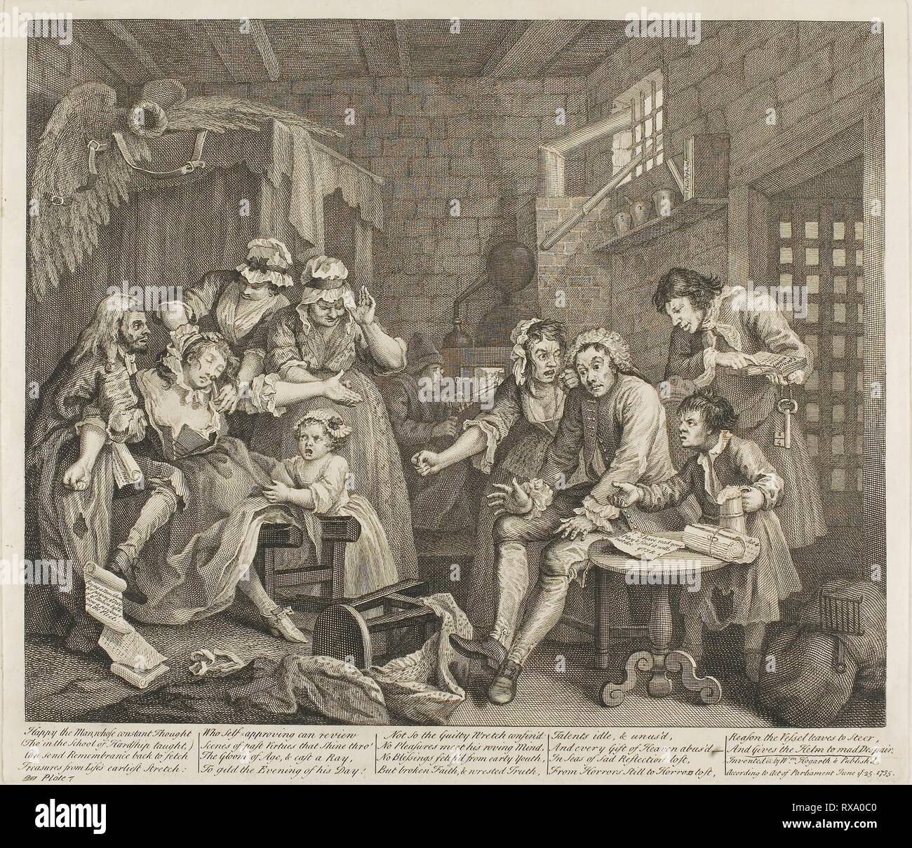 La piastra 7, da un rastrello di progresso. William Hogarth; Inglese, 1697-1764. Data: 1735. Dimensioni: 315 × 385 mm (nell'immagine); 355 × 405 mm (piastra); 474 × 596 mm (foglio). Incisione e incisione in nero su avorio di cui la carta. Origine: Inghilterra. Museo: Chicago Art Institute. Foto Stock