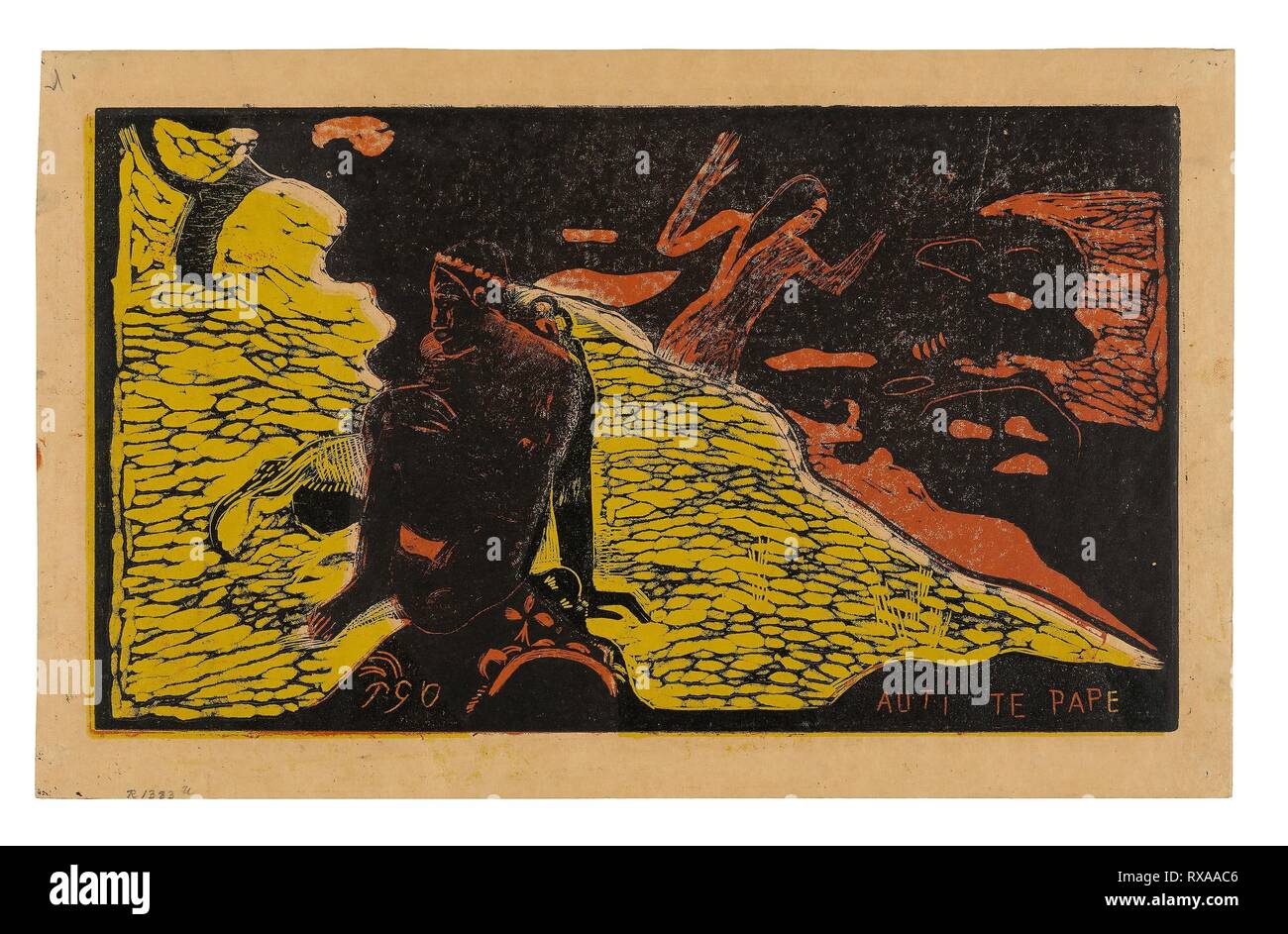 Auti te pape (le donne al fiume), da Noa Noa Suite. Paul Gauguin (Francese, 1848-1903); stampato in collaborazione con Luigi Roy (Francese, 1862-1907). Data: 1894. Dimensioni: 207 × 358 mm (nell'immagine); 246 × 395 mm (foglio). Legno-blocco di stampa a inchiostro nero, oltre stampata rosso scuro e inchiostro giallo-tono di inchiostro blocco, crema su carta intessuta (ad imitazione pergamena giapponese). Provenienza: Francia. Museo: Chicago Art Institute. Autore: Paul Gauguin. Paolo Eugéne Henri Gauguin. Foto Stock