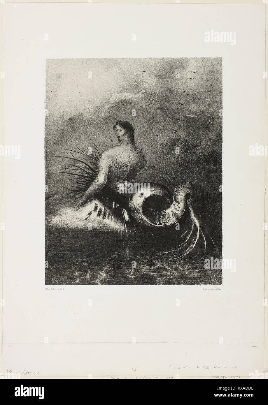 La sirena in uscita delle onde, vestito in fiamme, la piastra 4 di 8 da 'Les Origines'. Odilon Redon; francese, 1840-1916. Data: 1883. Dimensioni: 302 × 235 mm (immagine/chine); 490 × 345 mm (foglio). Litografia in nero su grigio chiaro carta Cina collé, fissate su carta bianca di qualità della carta. Provenienza: Francia. Museo: Chicago Art Institute. Foto Stock