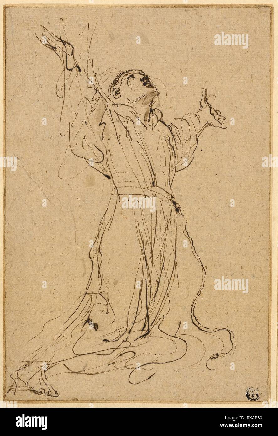 Studio per San Francesco che riceve le stimmate. Guercino; Italiano, 1591-1666. Data: 1632-1634. Dimensioni: 274 x 184 mm. Penna e inchiostro bruno, con tracce di pennello e lavaggio marrone, su tan carta vergata, fissate sulla crema di latte di cui la carta. Origine: Italia. Museo: Chicago Art Institute. Foto Stock