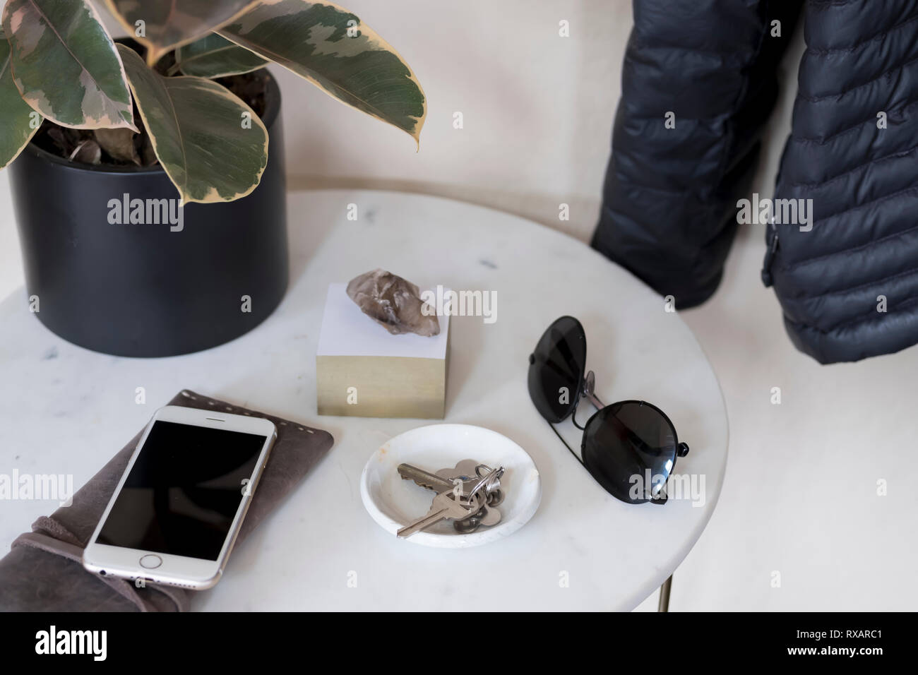 Angolo di alta vista di accessori personali con impianti e libro sul tavolo contro la parete a casa Foto Stock