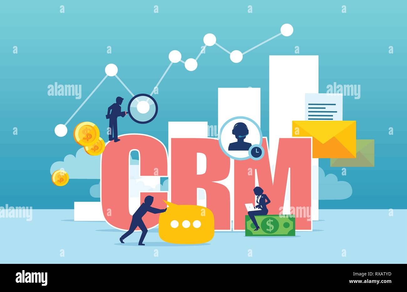 Concetto di vettore per la gestione delle relazioni con i clienti. Azienda l'interazione con i clienti e analisi dei dati di vendita. Illustrazione Vettoriale