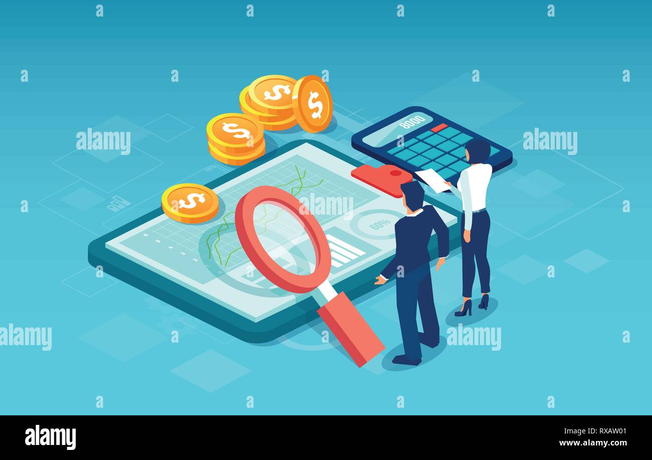 Banner Web per le analisi di dati finanziari e le statistiche del concetto. Vettore della gente d'affari alla ricerca di nuove e vantaggiose opportunità di investimento. Illustrazione Vettoriale