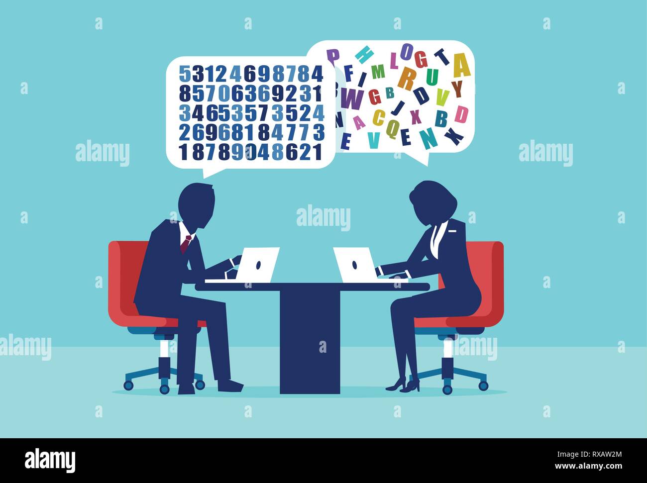 Differenza distinzione nell uomo e nella donna la mentalità del concetto. Vettore di un imprenditore e imprenditrice avente un differente approccio alla risoluzione dei problemi Illustrazione Vettoriale