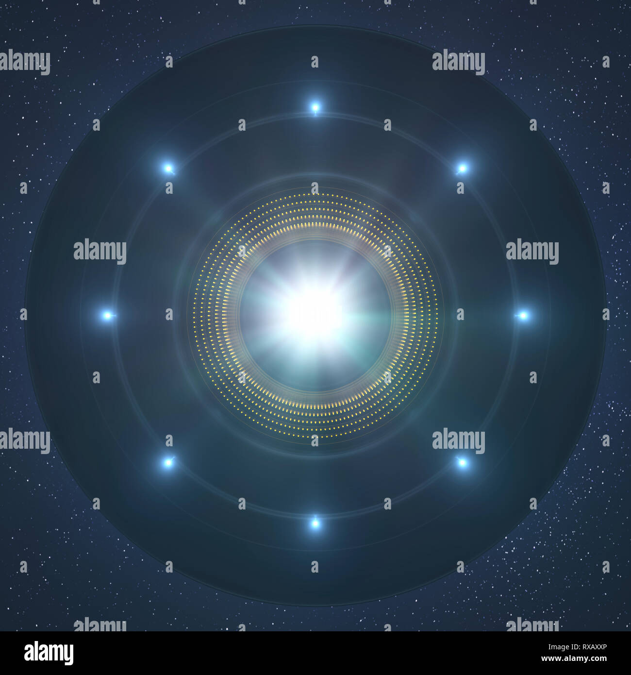UFO nel cielo dal di sotto, illustrazione Foto Stock