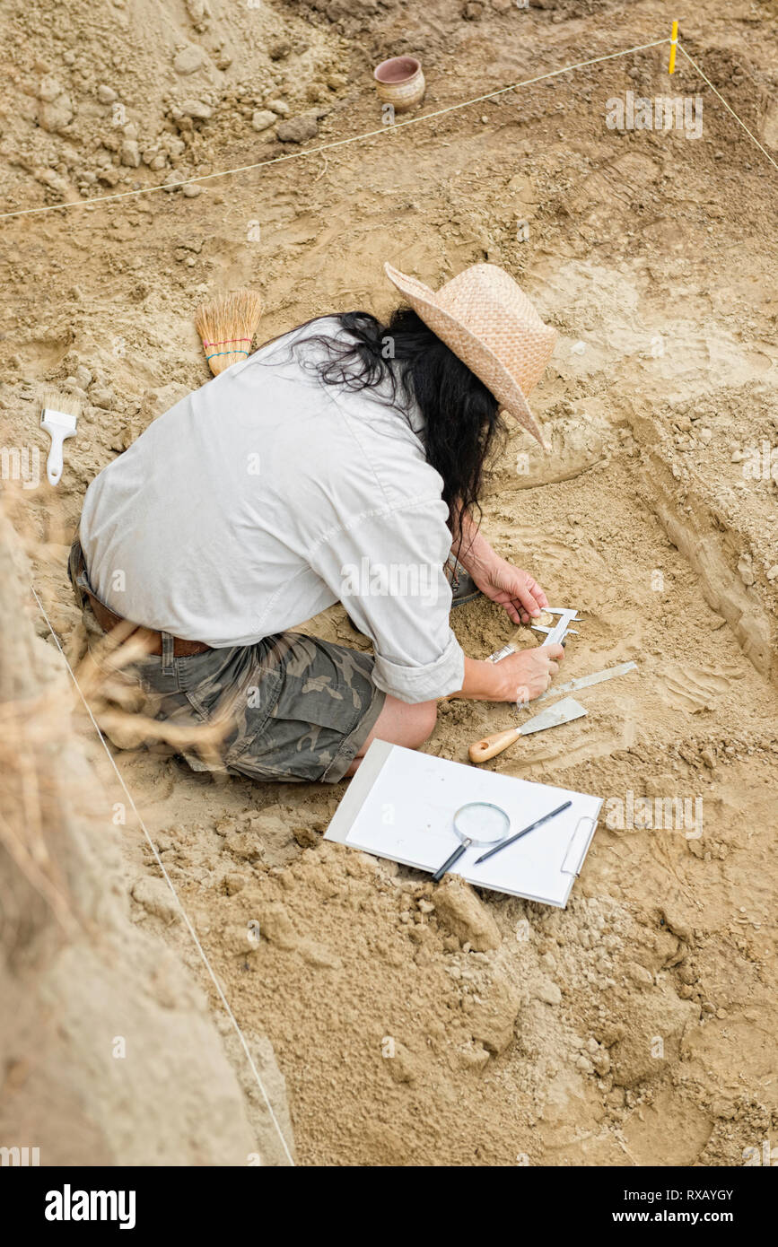 Misurazione archeologo scavato coin Foto Stock