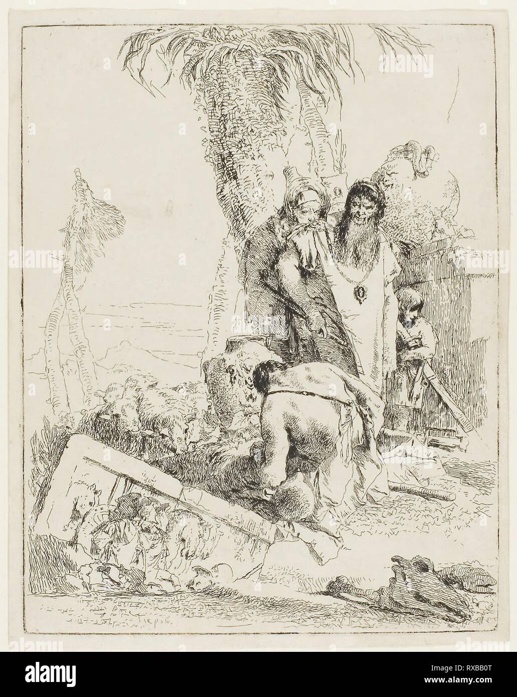 Un pastore con due maghi, da scherzi. Giambattista Tiepolo; Italiano, 1696-1770. Data: 1735-1740. Dimensioni: 222 x 174 mm (piastra); 230 x 184 mm (foglio). Acquaforte su carta. Origine: Italia. Museo: Chicago Art Institute. Foto Stock