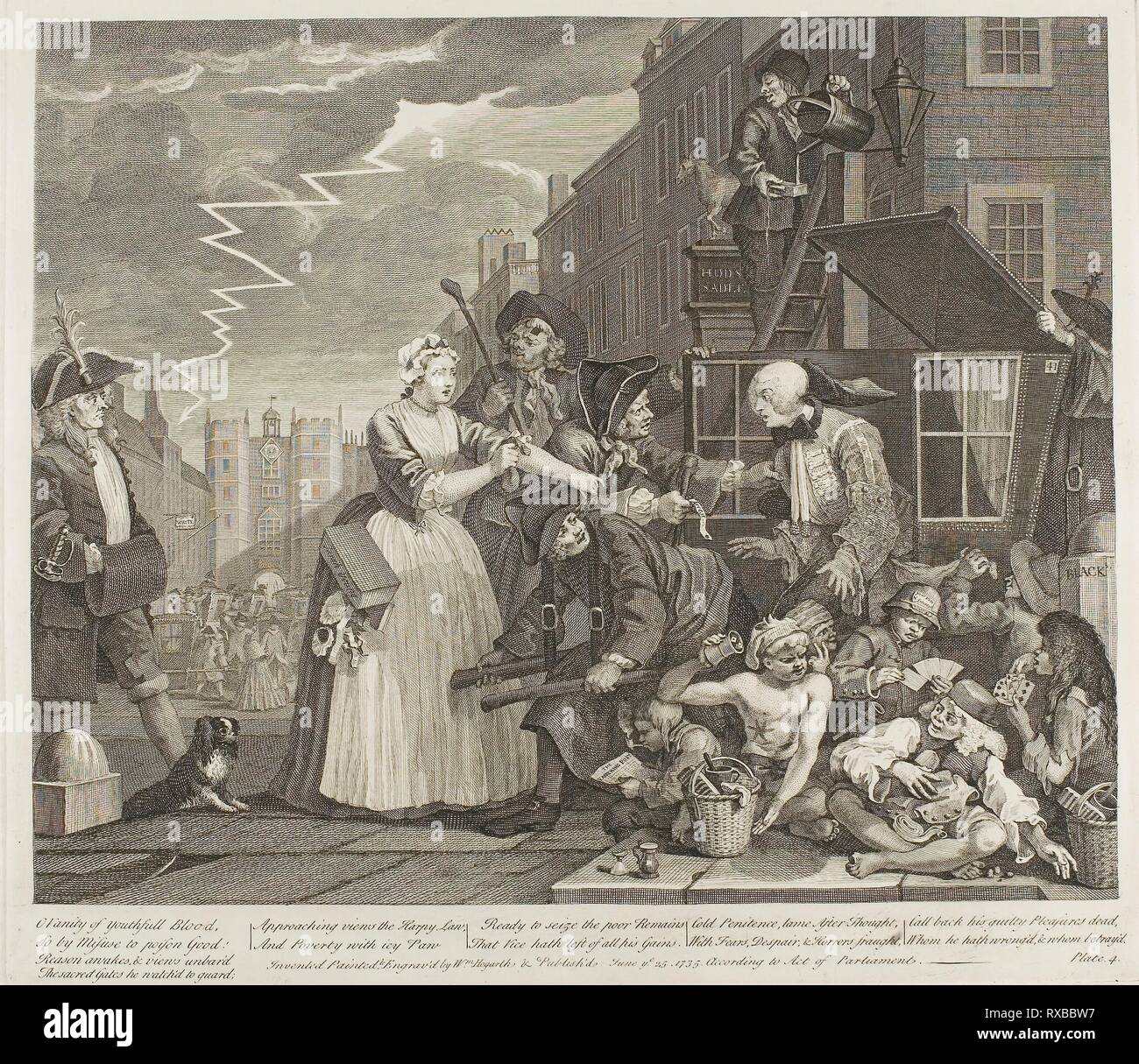 Lastra 4, da un rastrello di progresso. William Hogarth; Inglese, 1697-1764. Data: 1735. Dimensioni: 317 × 390 mm (nell'immagine); 359 × 410 mm (piastra); 487 × 615 mm (foglio). Incisione e incisione in nero su avorio di cui la carta. Origine: Inghilterra. Museo: Chicago Art Institute. Foto Stock