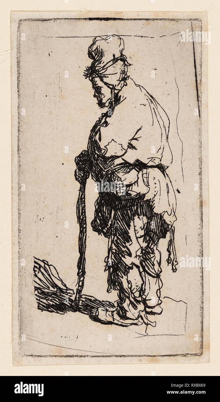 Beggar appoggiato su un bastone, rivolto verso sinistra. Rembrandt van Rijn; Olandese, 1606-1669. Data: 1625-1635. Dimensioni: 85 x 47 mm (piastra); 88 x 50 mm (foglio). Incisione su avorio di cui la carta. Origine: Holland. Museo: Chicago Art Institute. Autore: HARMENSZOON REMBRANDT VAN RIJN. Foto Stock