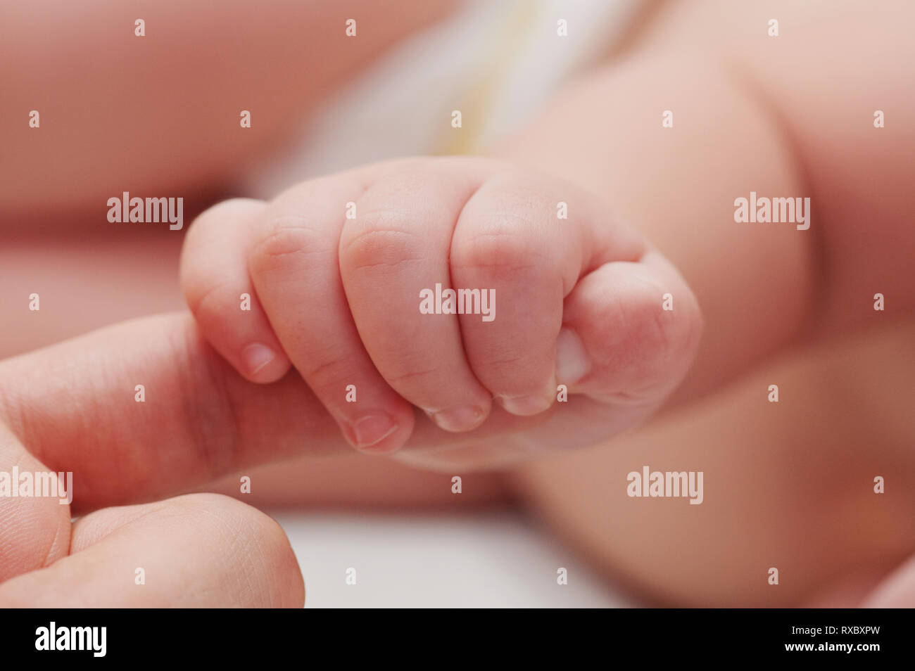 Piccolo bimbo tenere in mano il dito padre vista ravvicinata Foto Stock